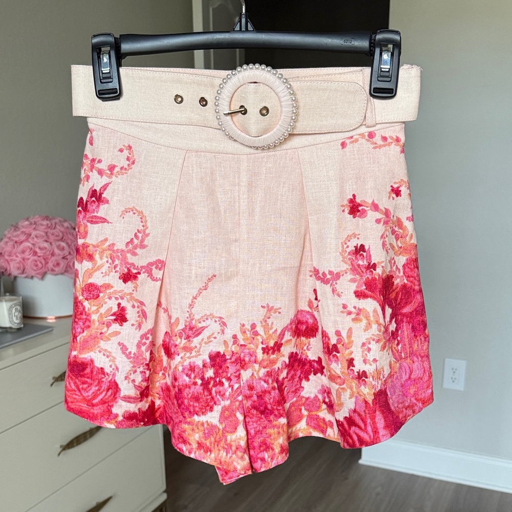 Zimmermann Pink and Cream Floral High Waist Shorts